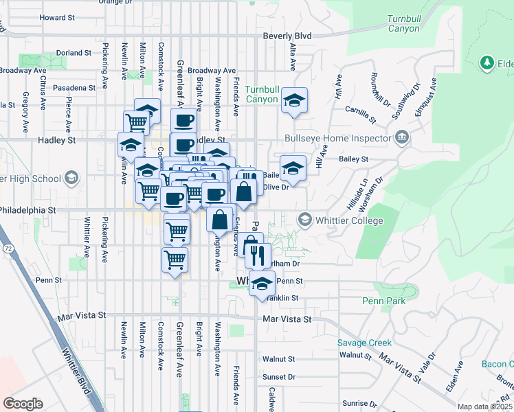 map of restaurants, bars, coffee shops, grocery stores, and more near 6760 Painter Avenue in Whittier