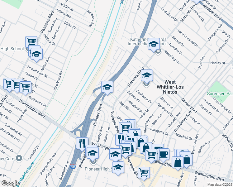 map of restaurants, bars, coffee shops, grocery stores, and more near 7351 Norwalk Boulevard in Whittier