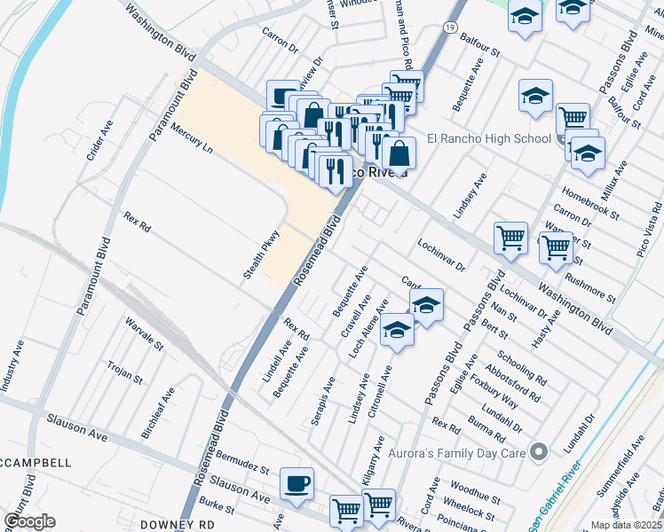 map of restaurants, bars, coffee shops, grocery stores, and more near 9041 Danbridge Street in Pico Rivera