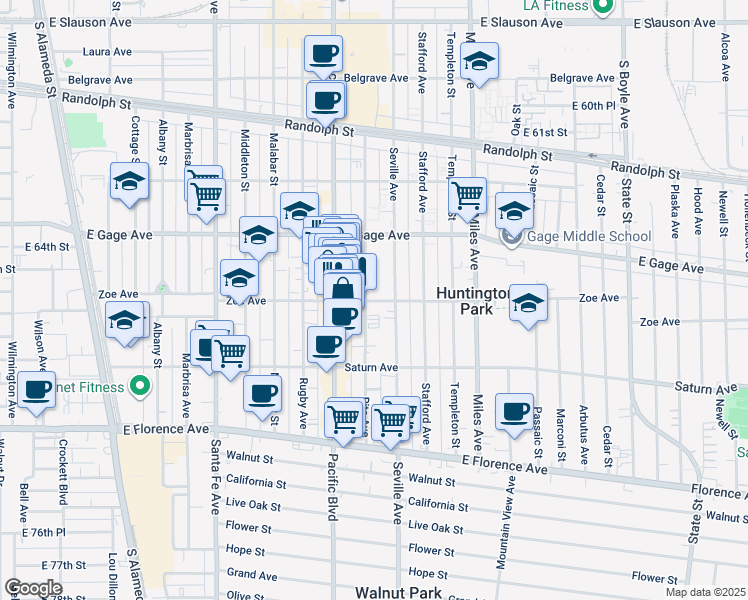 map of restaurants, bars, coffee shops, grocery stores, and more near 6515 Pacific Boulevard in Huntington Park