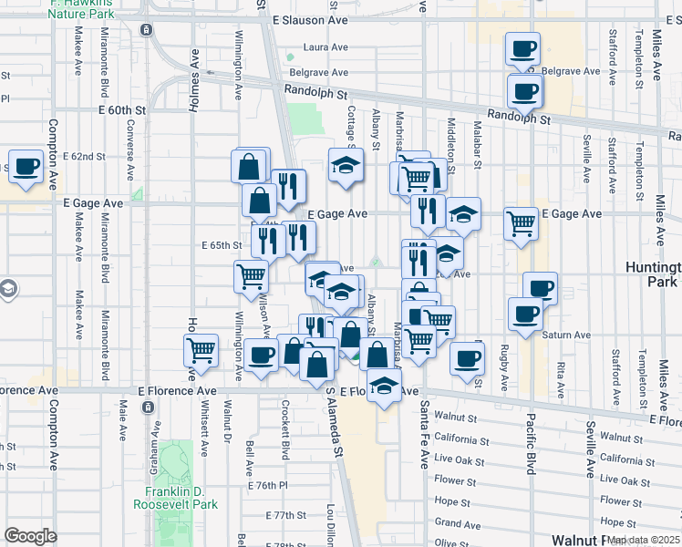 map of restaurants, bars, coffee shops, grocery stores, and more near 2109 Zoe Avenue in Huntington Park