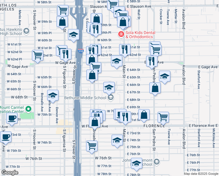 map of restaurants, bars, coffee shops, grocery stores, and more near 206 West 66th Street in Los Angeles