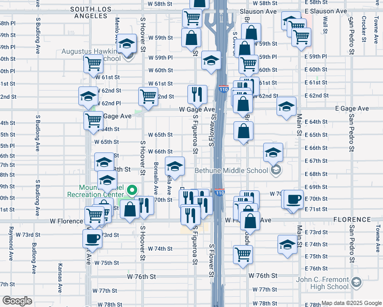 map of restaurants, bars, coffee shops, grocery stores, and more near 6600 South Figueroa Street in Los Angeles
