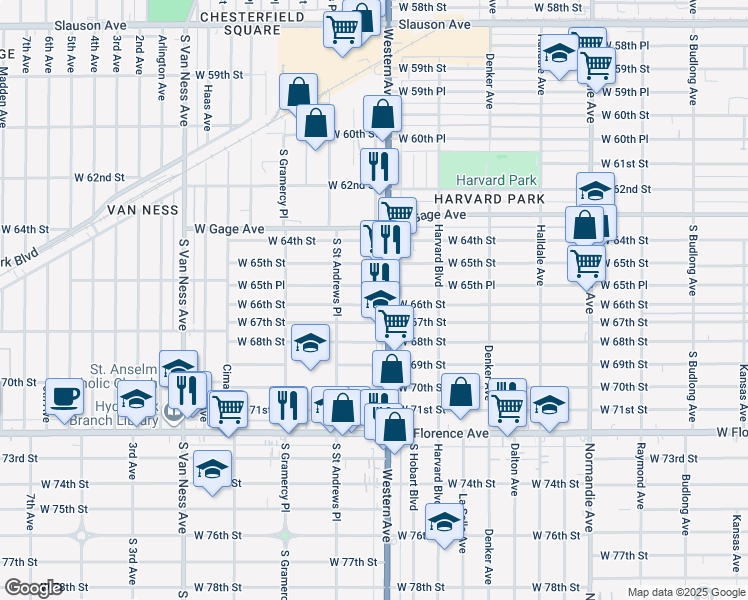 map of restaurants, bars, coffee shops, grocery stores, and more near 1814 West 65th Place in Los Angeles