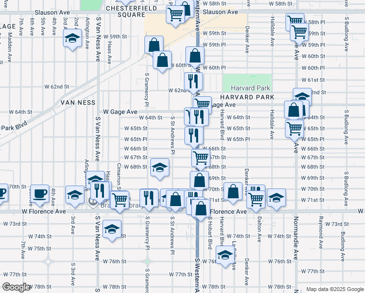 map of restaurants, bars, coffee shops, grocery stores, and more near 6568 South Saint Andrews Place in Los Angeles