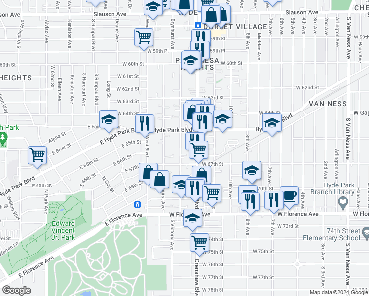 map of restaurants, bars, coffee shops, grocery stores, and more near 6536 South Victoria Avenue in Los Angeles