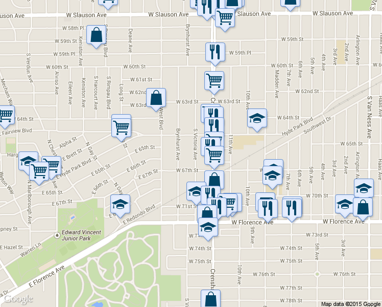 map of restaurants, bars, coffee shops, grocery stores, and more near 6536 South Victoria Avenue in Los Angeles