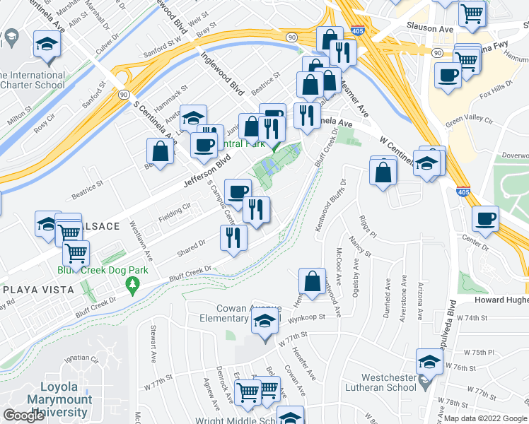 map of restaurants, bars, coffee shops, grocery stores, and more near 2 South Campus Center Drive in Los Angeles
