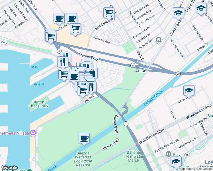 map of restaurants, bars, coffee shops, grocery stores, and more near 13249 Fiji Way in Marina del Rey
