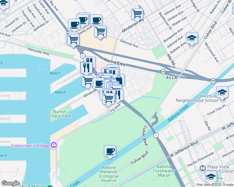 map of restaurants, bars, coffee shops, grocery stores, and more near 4750 California 1 in Marina del Rey