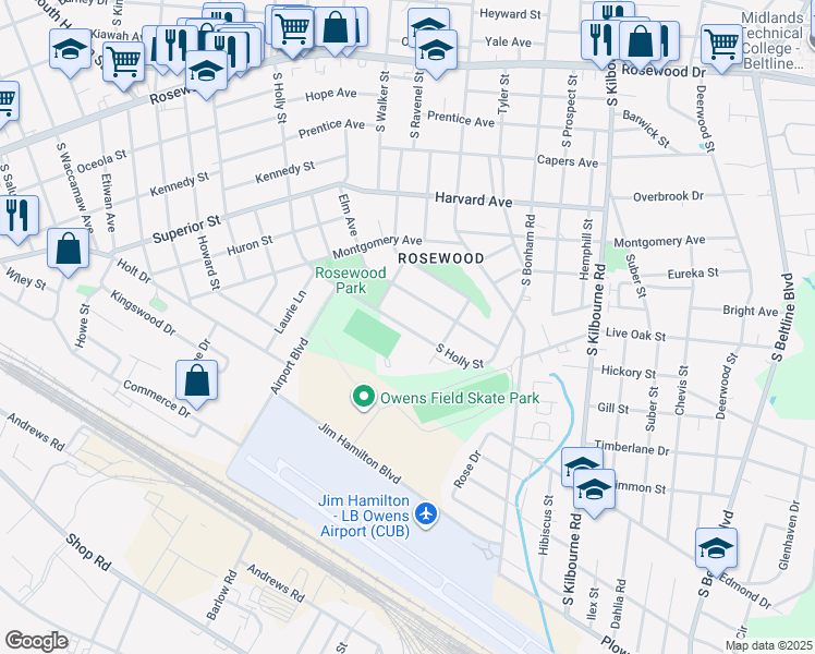 map of restaurants, bars, coffee shops, grocery stores, and more near 1021 South Holly Street in Columbia