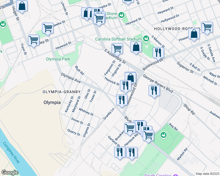 map of restaurants, bars, coffee shops, grocery stores, and more near 1128 Virginia Street in Columbia