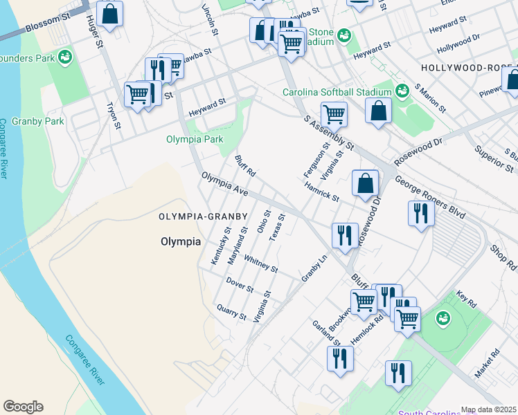 map of restaurants, bars, coffee shops, grocery stores, and more near 1150 Olympia Avenue in Columbia