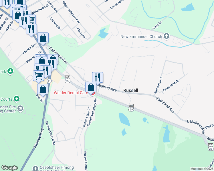 map of restaurants, bars, coffee shops, grocery stores, and more near 70 Midland Court in Winder