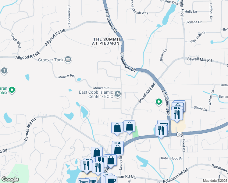 map of restaurants, bars, coffee shops, grocery stores, and more near 2190 Groover Road in Marietta