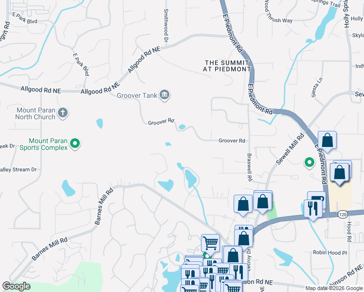 map of restaurants, bars, coffee shops, grocery stores, and more near 2101 Groover Road in Marietta