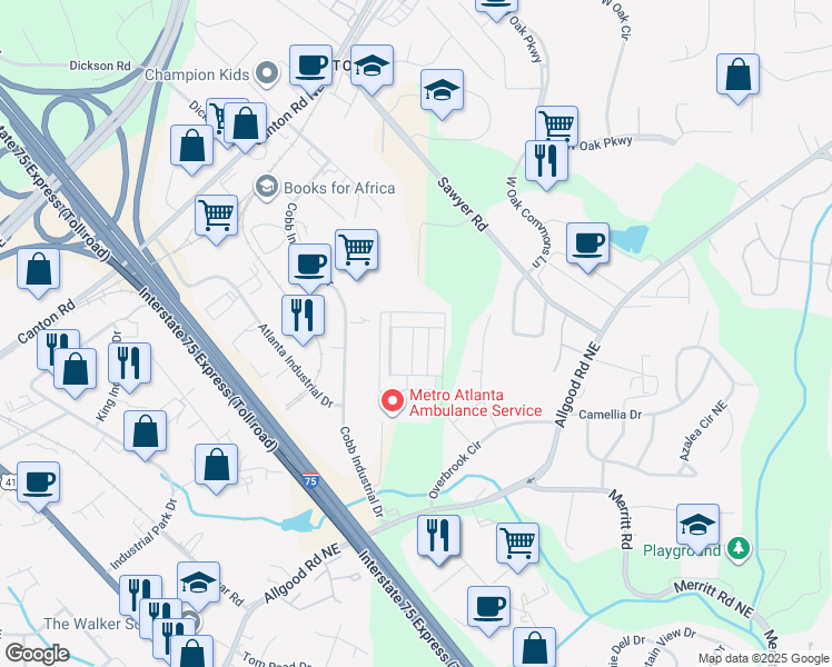 map of restaurants, bars, coffee shops, grocery stores, and more near 1140 Commons Lane in Marietta