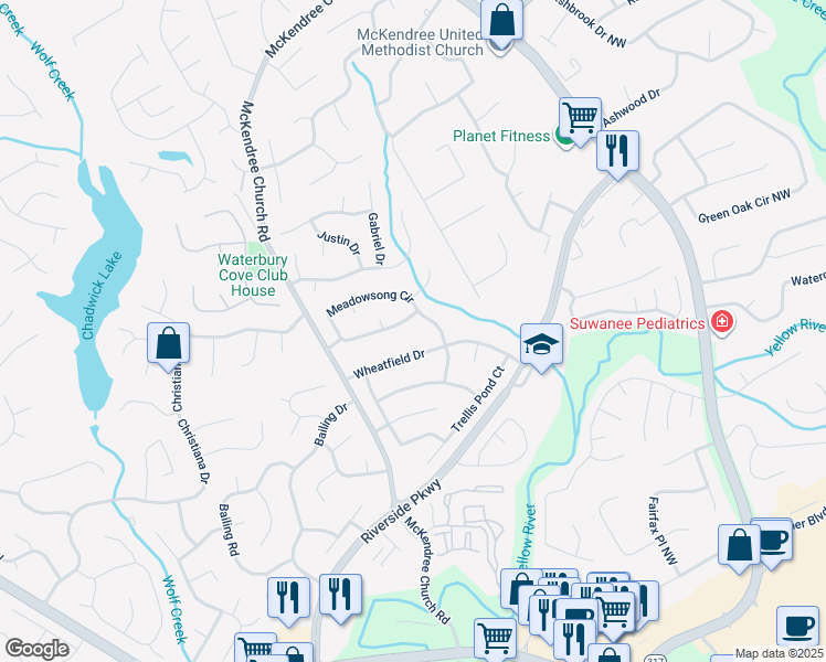 map of restaurants, bars, coffee shops, grocery stores, and more near 710 Meadowsong Circle in Lawrenceville