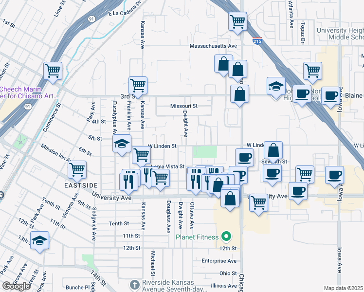 map of restaurants, bars, coffee shops, grocery stores, and more near 1938 West Linden Street in Riverside