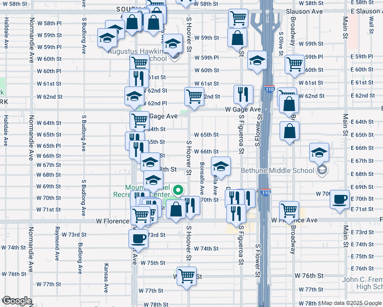 map of restaurants, bars, coffee shops, grocery stores, and more near 719 West 66th Street in Los Angeles