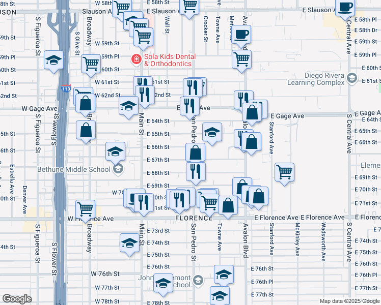 map of restaurants, bars, coffee shops, grocery stores, and more near 6611 San Pedro Street in Los Angeles