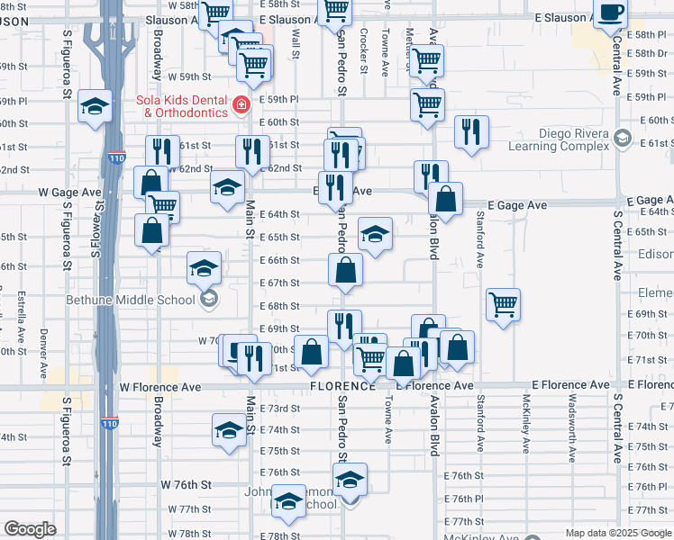 map of restaurants, bars, coffee shops, grocery stores, and more near 6611 San Pedro Street in Los Angeles