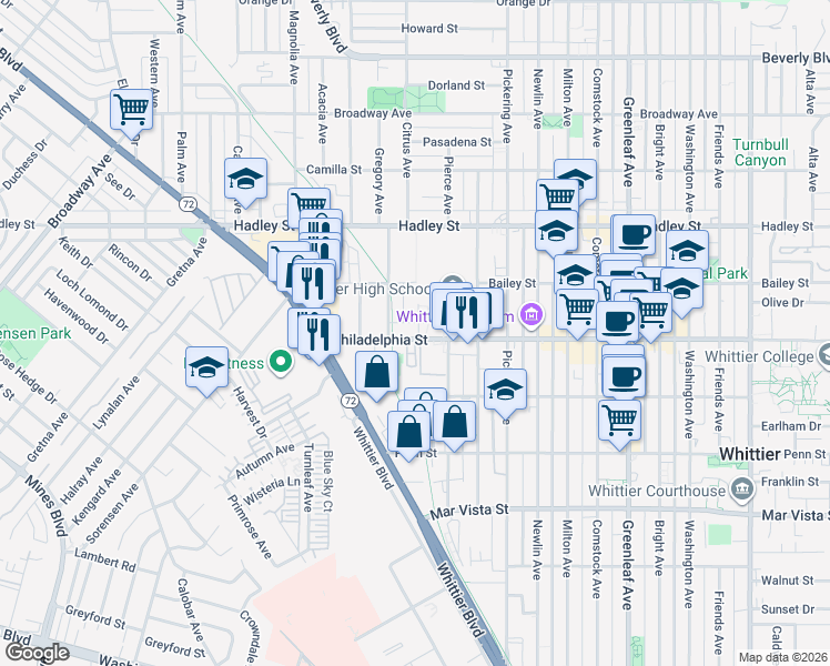 map of restaurants, bars, coffee shops, grocery stores, and more near 12227 Philadelphia Street in Whittier