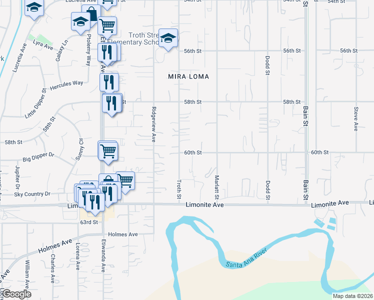 map of restaurants, bars, coffee shops, grocery stores, and more near 10583 60th Street in Jurupa Valley