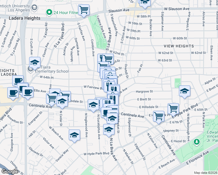 map of restaurants, bars, coffee shops, grocery stores, and more near E Fairview Blvd & N La Brea Ave in Inglewood