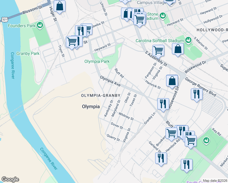 map of restaurants, bars, coffee shops, grocery stores, and more near 610 Kentucky Street in Columbia