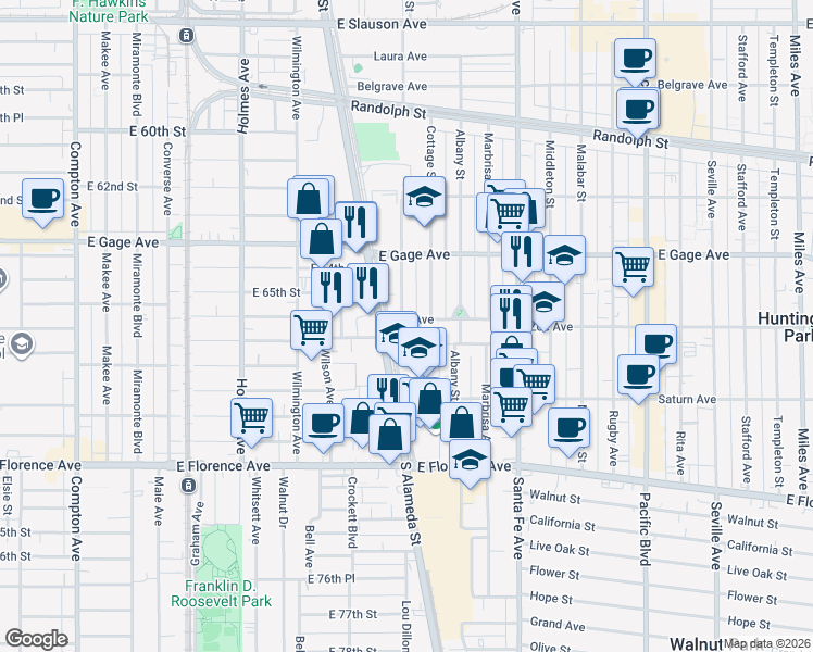 map of restaurants, bars, coffee shops, grocery stores, and more near 2102 Zoe Avenue in Huntington Park