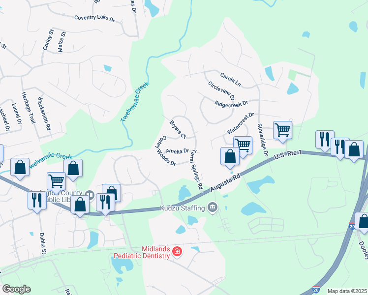map of restaurants, bars, coffee shops, grocery stores, and more near 106 Amelia Drive in Lexington