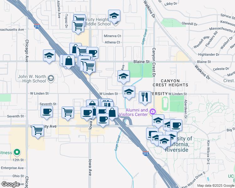 map of restaurants, bars, coffee shops, grocery stores, and more near in Riverside