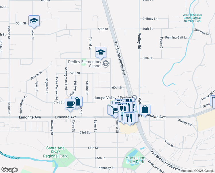 map of restaurants, bars, coffee shops, grocery stores, and more near 5985 Hudson Street in Riverside