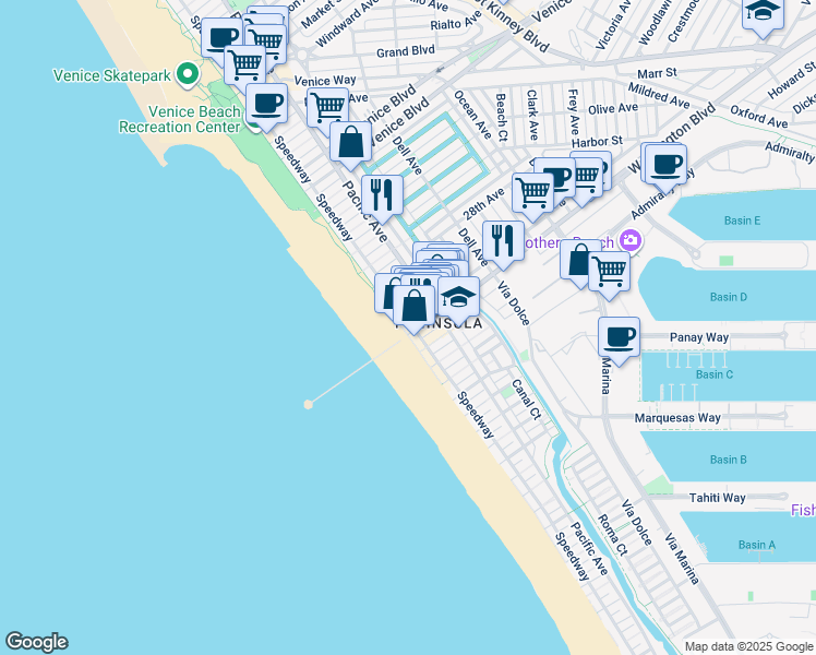 map of restaurants, bars, coffee shops, grocery stores, and more near 3011 Ocean Front Walk in Los Angeles