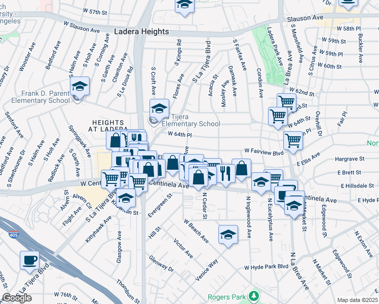 map of restaurants, bars, coffee shops, grocery stores, and more near 454 West Fairview Boulevard in Inglewood