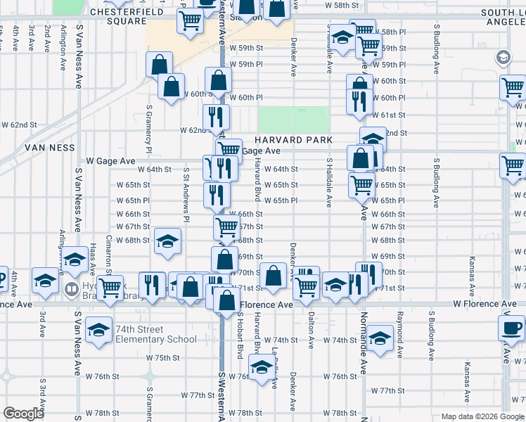 map of restaurants, bars, coffee shops, grocery stores, and more near 1655 West 66th Street in Los Angeles