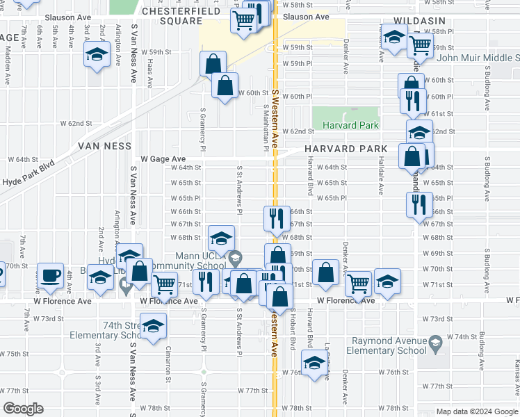 map of restaurants, bars, coffee shops, grocery stores, and more near 1825 West 66th Street in Los Angeles