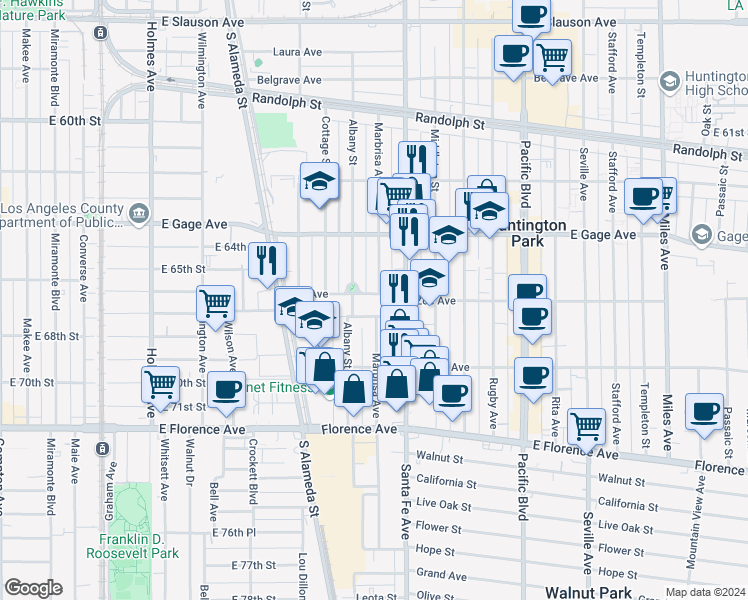 map of restaurants, bars, coffee shops, grocery stores, and more near 2226 Zoe Avenue in Huntington Park