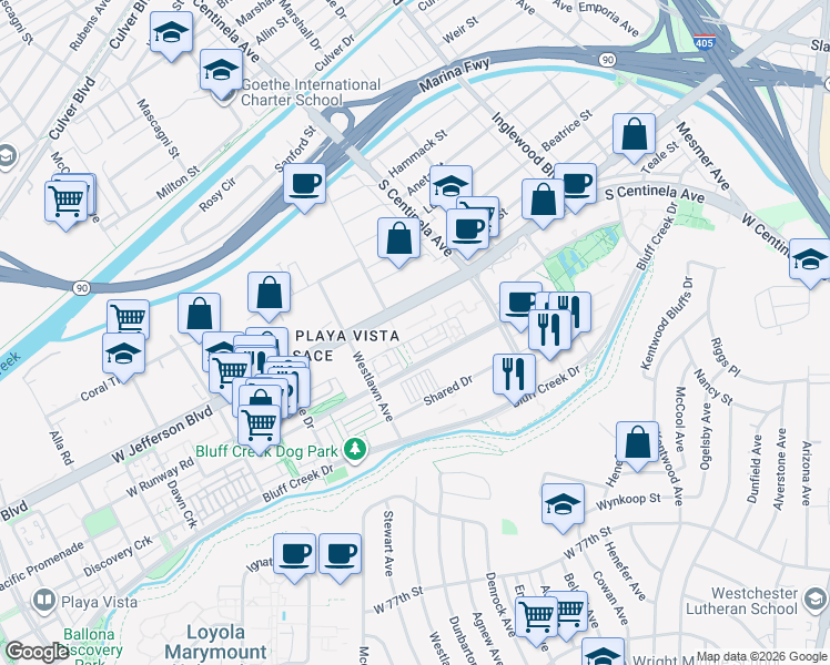 map of restaurants, bars, coffee shops, grocery stores, and more near 12411 West Fielding Circle in Los Angeles