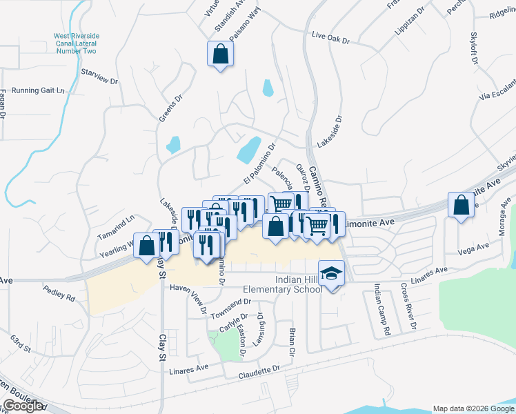 map of restaurants, bars, coffee shops, grocery stores, and more near 5982 Nina Court in Riverside