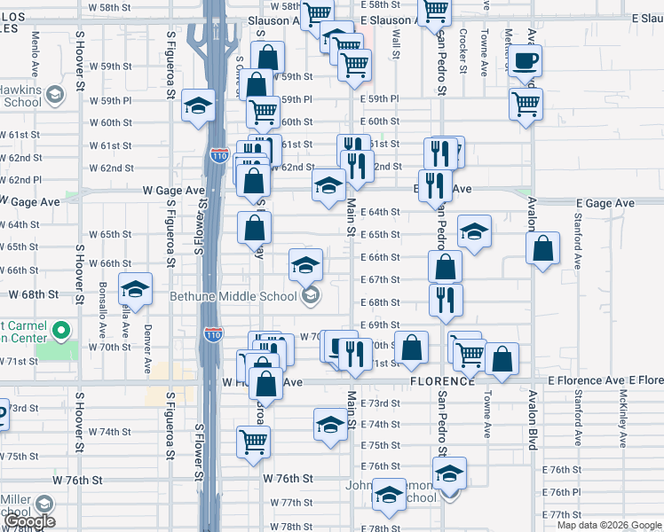 map of restaurants, bars, coffee shops, grocery stores, and more near 132 West 66th Street in Los Angeles