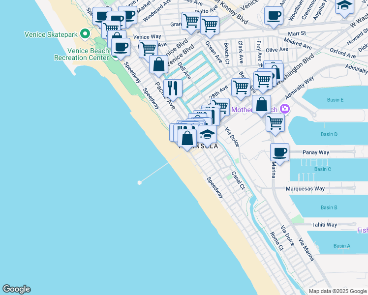 map of restaurants, bars, coffee shops, grocery stores, and more near 3007 Ocean Front Walk in Los Angeles
