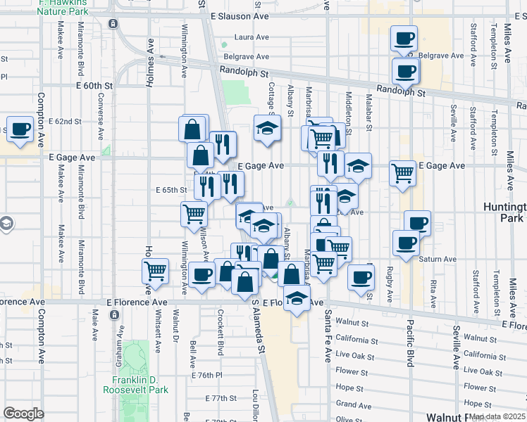 map of restaurants, bars, coffee shops, grocery stores, and more near 2109 Zoe Avenue in Huntington Park