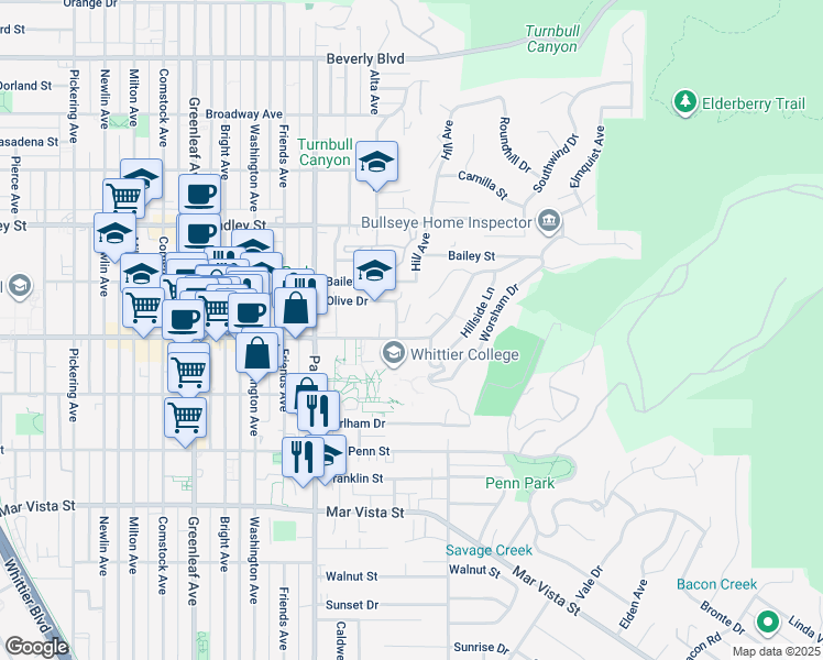 map of restaurants, bars, coffee shops, grocery stores, and more near 13621 Philadelphia Street in Whittier