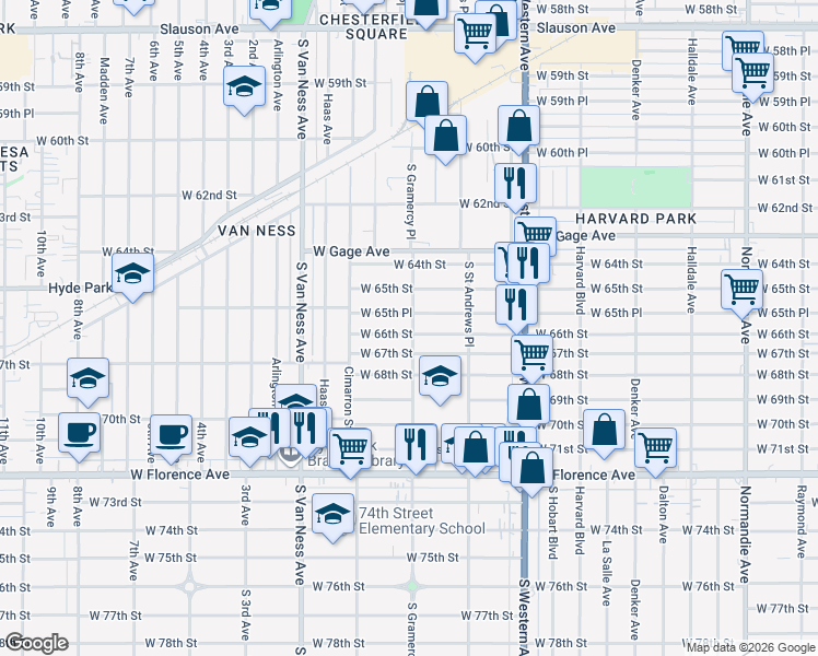map of restaurants, bars, coffee shops, grocery stores, and more near 2003 West 66th Street in Los Angeles
