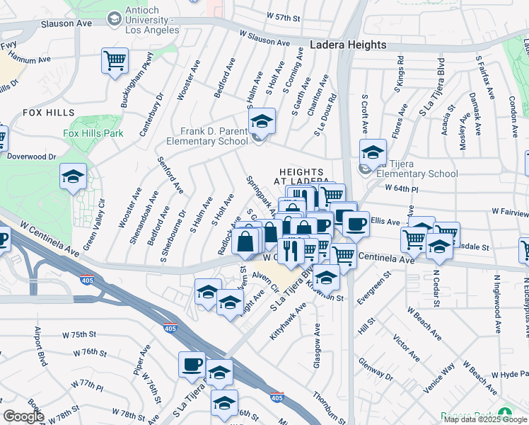 map of restaurants, bars, coffee shops, grocery stores, and more near 6625 South Springpark Avenue in Los Angeles