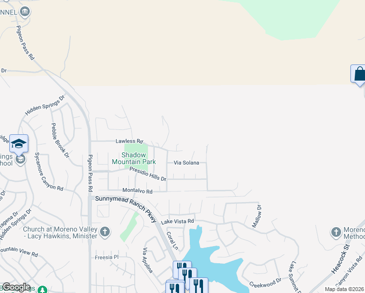 map of restaurants, bars, coffee shops, grocery stores, and more near 23456 Lawless Road in Moreno Valley