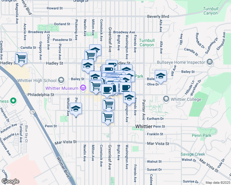 map of restaurants, bars, coffee shops, grocery stores, and more near 6745 Bright Avenue in Whittier