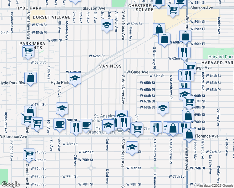 map of restaurants, bars, coffee shops, grocery stores, and more near 6568 Arlington Avenue in Los Angeles